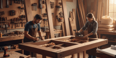 Professional woodworking image for article: How to Build Carriage Doors. Workshop, wood grain, tools