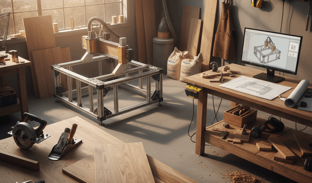 Professional woodworking image for article: How to Build Your Own CNC Router. Workshop, wood grain, 