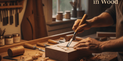 Professional woodworking image for article: How to Carve Letters in Wood. Workshop, wood grain, tool