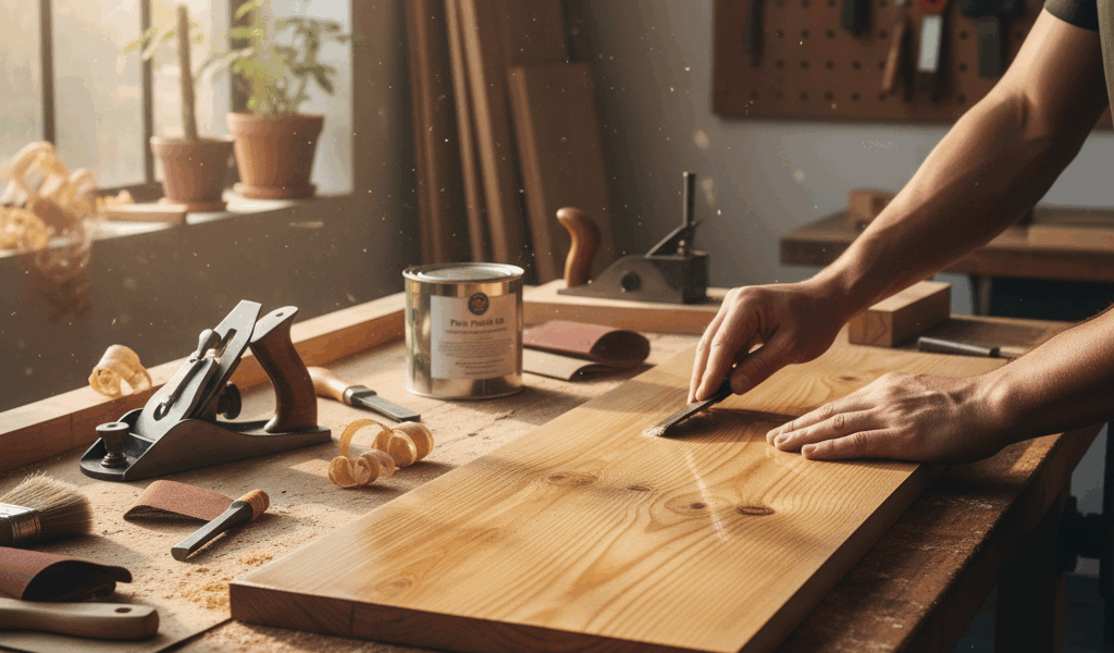 Professional woodworking image for article: How to Finish Pine Wood. Workshop, wood grain, tools, wa