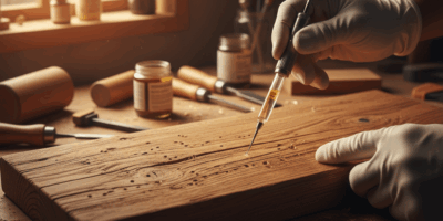 Professional woodworking image for article: How to Get Rid of Wood Mites. Workshop, wood grain, tool