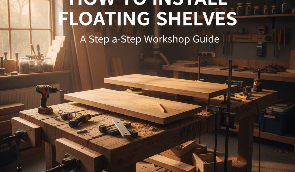 Professional woodworking image for article: How to Install Floating Shelves. Workshop, wood grain, t