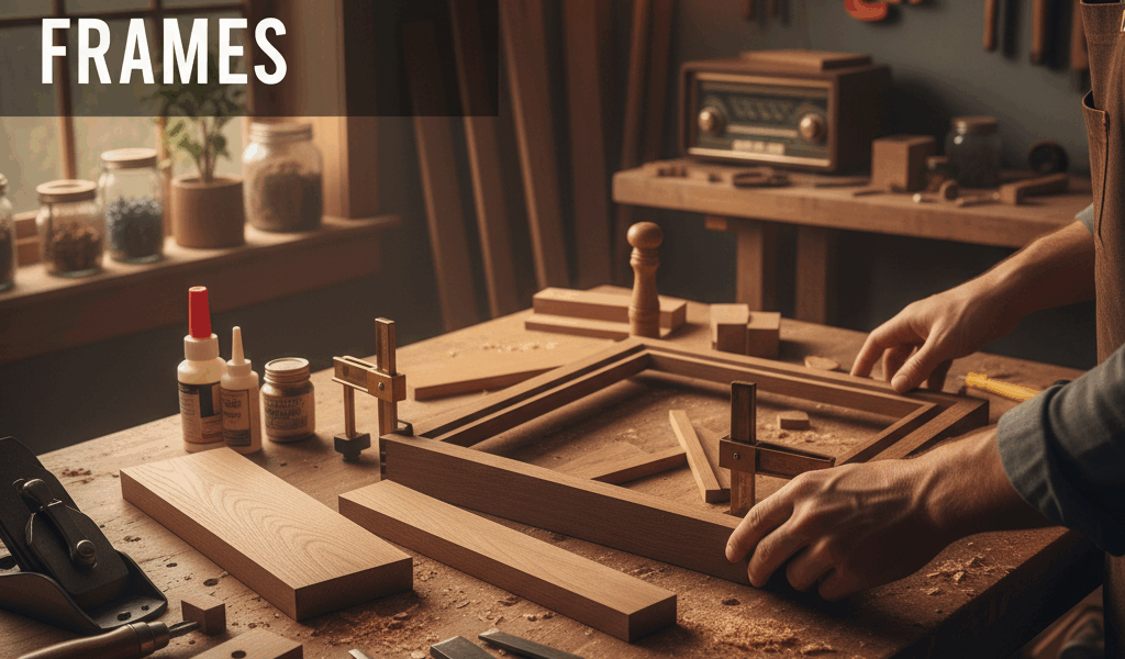 Professional woodworking image for article: How to Make Picture Frames. Workshop, wood grain, tools,