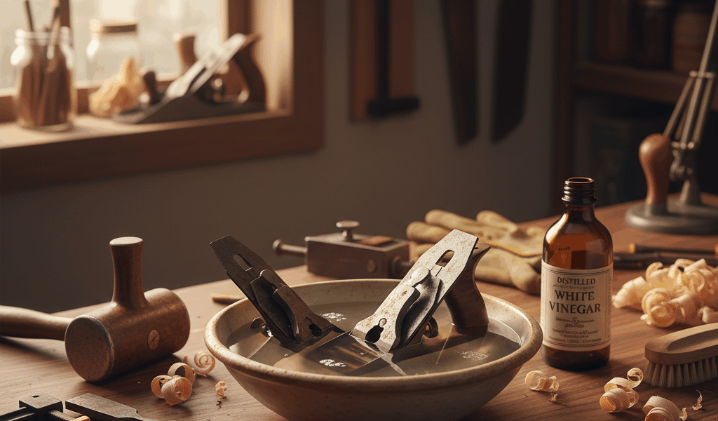 Professional woodworking image for article: How to Remove Rust with Vinegar. Workshop, wood grain, t