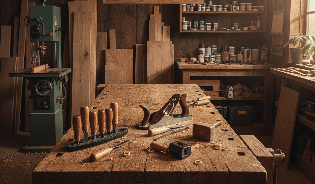 Professional woodworking image for article: Issue 17 Review. Workshop, wood grain, tools, warm light