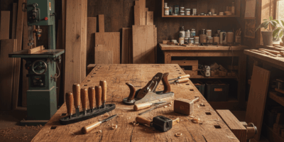 Professional woodworking image for article: Issue 17 Review. Workshop, wood grain, tools, warm light