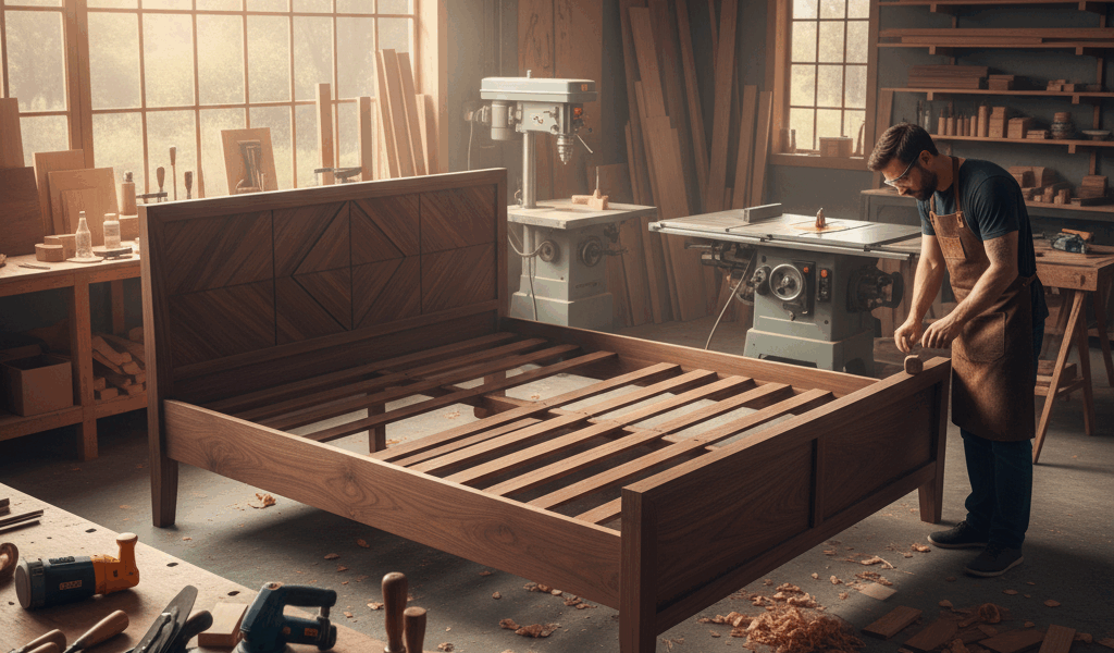 Professional woodworking image for article: King Size Wood Bed Frames. Workshop, wood grain, tools, 