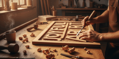 Professional woodworking image for article: Mastering the Joyful Art of Wood Letter Carving. Worksho