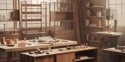 Professional woodworking image for article: Mid Century Modern Shelving Styles. Workshop, wood grain