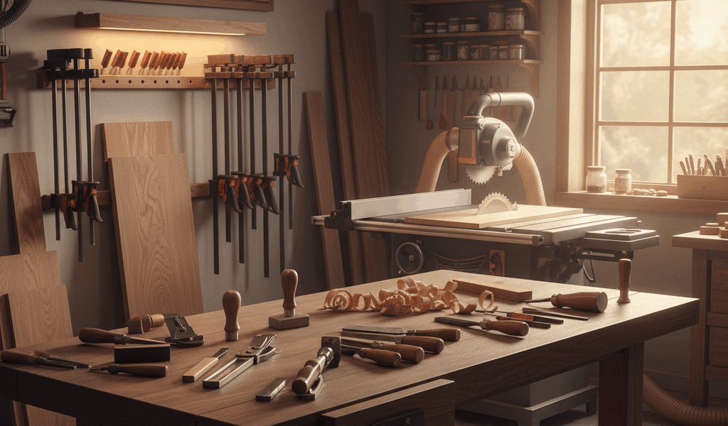 Professional woodworking image for article: MLCSWoodworking Guide. Workshop, wood grain, tools, warm