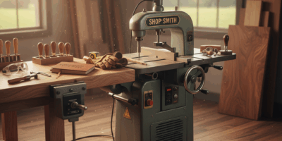 Professional woodworking image for article: Shop Smith Guide. Workshop, wood grain, tools, warm ligh