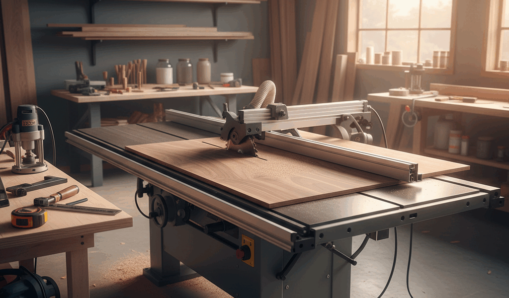 Professional woodworking image for article: Sliding Carriage Panel Saws Guide. Workshop, wood grain,