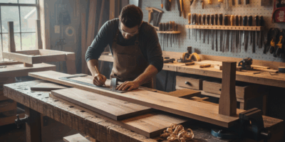 Professional woodworking image for article: Table Construction Basics. Workshop, wood grain, tools,