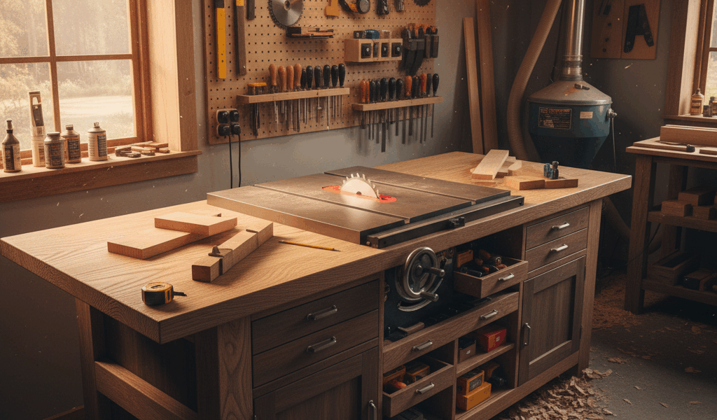 Professional woodworking image for article: Table Saw Workstation Guide. Workshop, wood grain, tools