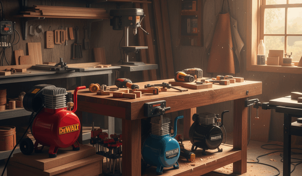 Professional woodworking image for article: Top Pancake Air Compressors for Your Shop. Workshop, woo