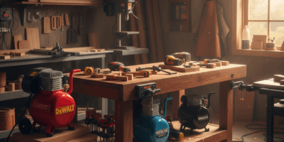 Professional woodworking image for article: Top Pancake Air Compressors for Your Shop. Workshop, woo