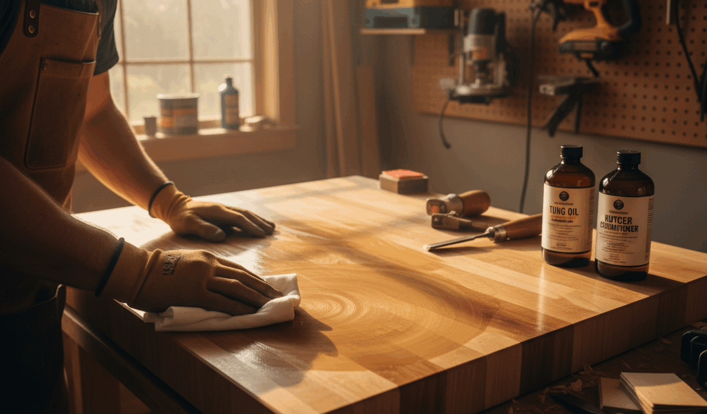 Professional woodworking image for article: Tung Oil for Butcher Block Countertops. Workshop, wood g