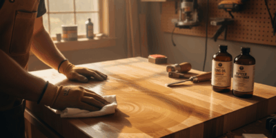 Professional woodworking image for article: Tung Oil for Butcher Block Countertops. Workshop, wood g