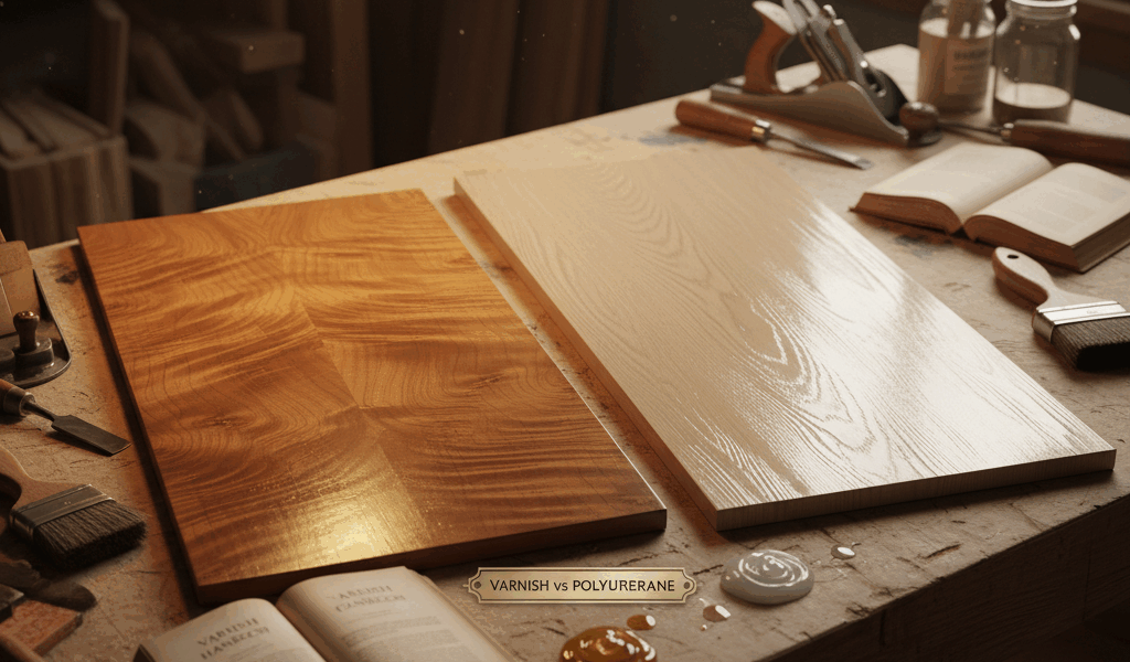 Professional woodworking image for article: Varnish vs Polyurethane Comparison. Workshop, wood grain