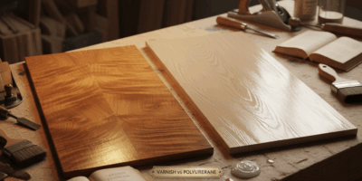 Professional woodworking image for article: Varnish vs Polyurethane Comparison. Workshop, wood grain