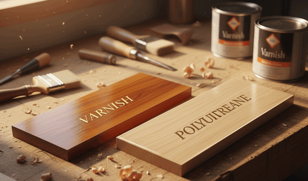 Professional woodworking image for article: Varnish vs Polyurethane for Wood Finishes. Workshop, woo