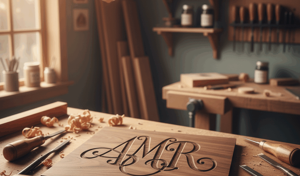 Professional woodworking image for article: What Is a Monogram. Workshop, wood grain, tools, warm li