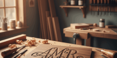 Professional woodworking image for article: What Is a Monogram. Workshop, wood grain, tools, warm li