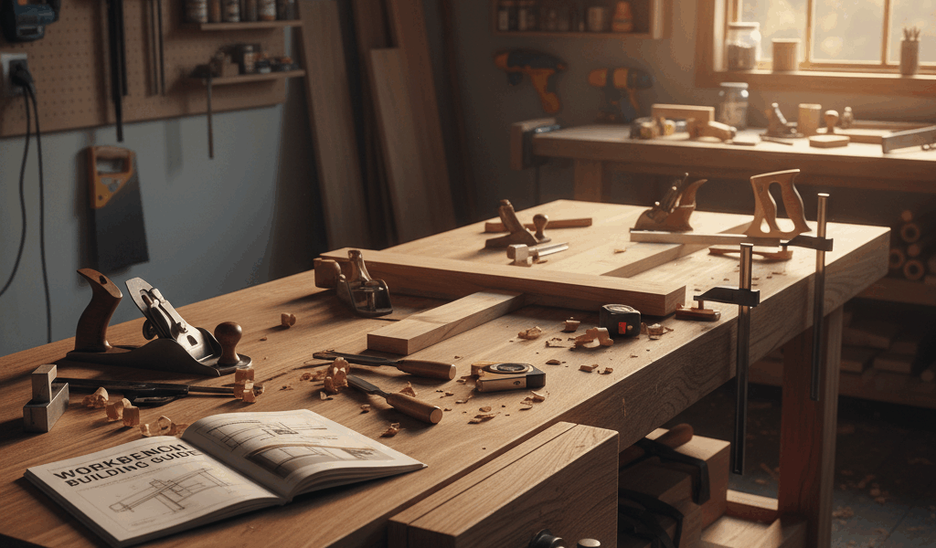 Professional woodworking image for article: Work Bench Building Guide. Workshop, wood grain, tools, 