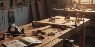 Professional woodworking image for article: Work Bench Building Guide. Workshop, wood grain, tools,