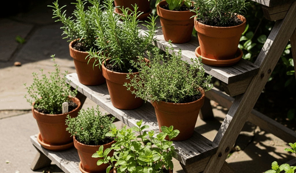 wooden tiered outdoor plant stand with potted herbs on patio