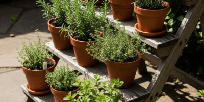 wooden tiered outdoor plant stand with potted herbs on patio