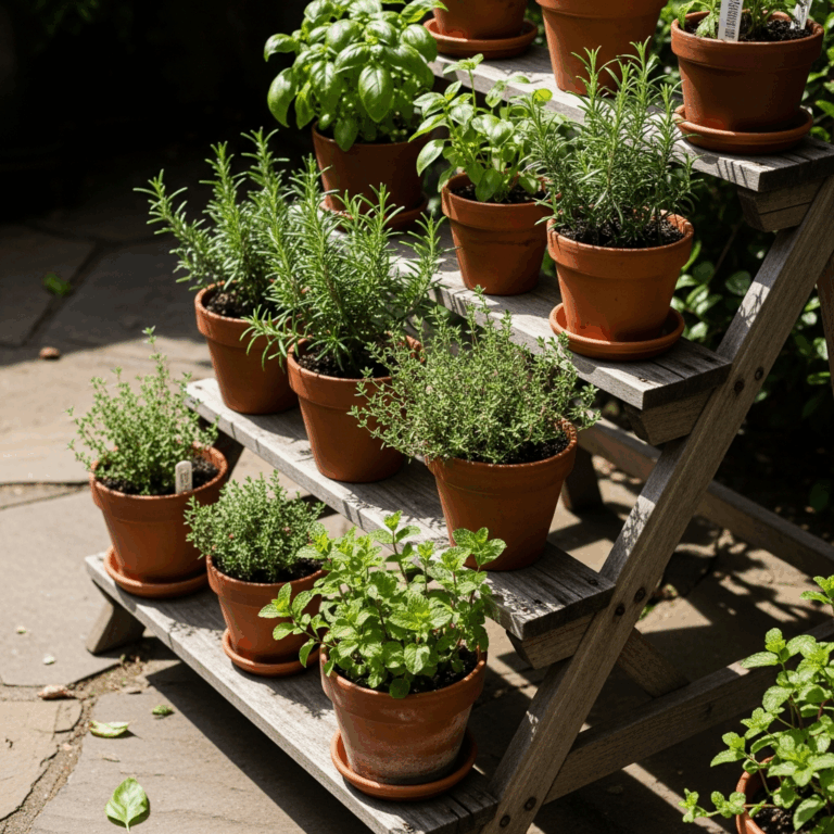 wooden tiered outdoor plant stand with potted herbs on patio